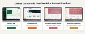 Offline dashboards by TrackTasks on Etsy: Finance Hub, HSE Dashboard, Wedding Planner, Christmas Planner